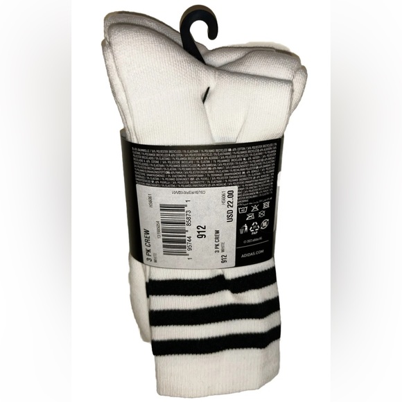 Adidas Golf Crew Socks 3 Pair Men 9-12 White Black 3 Stripe & Logo Cushioned NEW - Picture 5 of 11